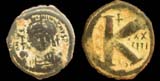Byzantine, M Tiberius, AE 1/2 Follis, Thessalonika